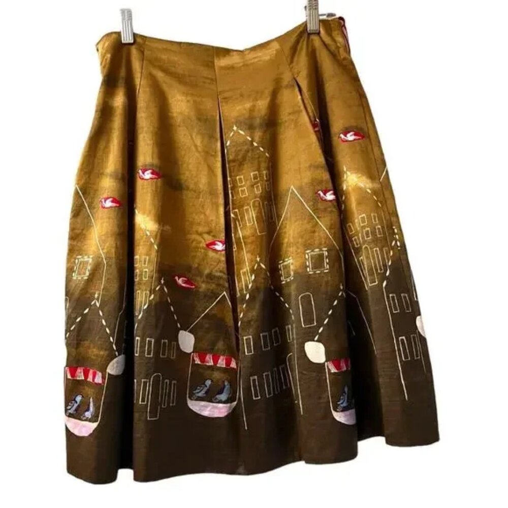 Maeve Feathered Village Skirt Whimsical Bird Print Green Layers Size 6